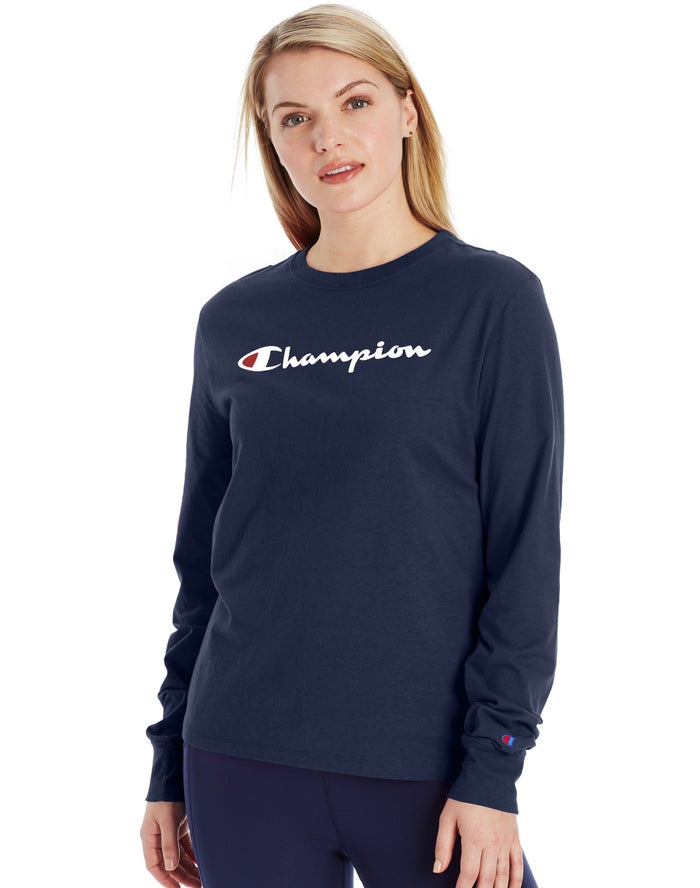 Champion Dame T-Shirts Mørkeblå - Classic Long-Sleeve Script Logo - Danmark GKQ-576814